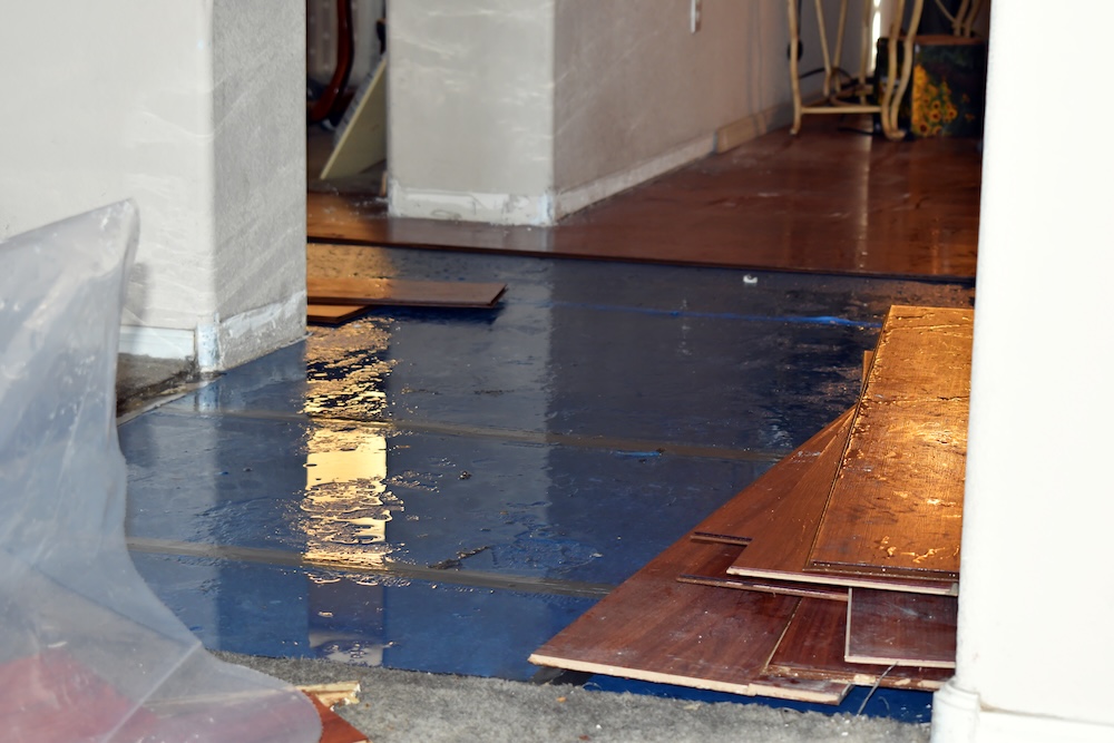 Flooded room with damaged wet flooring